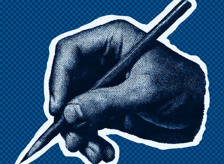 A hand holding a pen mid-write, halftone illustration